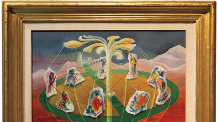 A mystical painting of a green circle bissecgted by a line, on which abstract figurative apparitions sit.