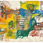 A scrawling, dynamic work on paper in blue, yellow, green and red.