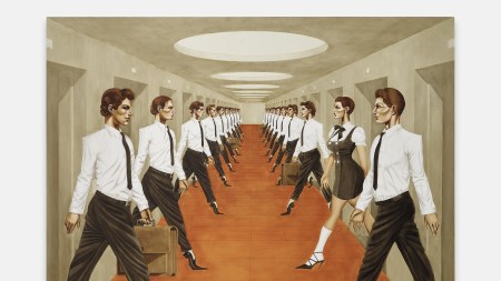 In an Art Deco style painting, a dozen or so brown-haired light-skinned people in officewear step out of elevators, holding briefcases and wearing pointed shoes. Their movements are strikingly synchronized; the carpet is red.