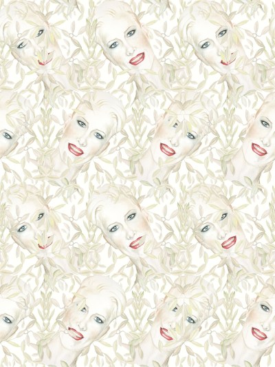 A sheet of wallpaper with numerous self-portrait drawings of a face with leaves interspersed.