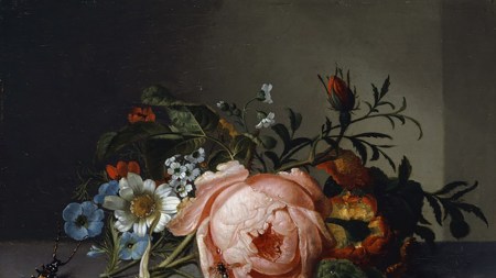 A painting of a few flowers on a stone ledge, with a giant-seeming beetle and large pink rose in the center.