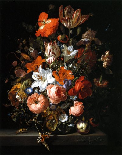 A painted floral still life with peonies and insects, brightly lit against a dark background.