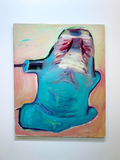 An abstract painting that could resemble a blue torso.