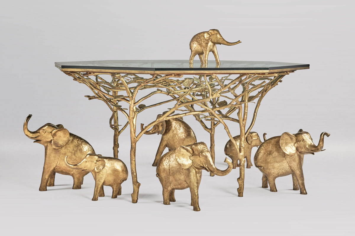 François-Xavier Lalanne’s 'Herd of Elephants in the Trees' Table (2001). The work belonged to Sydell Miller and is made of gold patinated bronze and glass. During an evening sale at Sotheby's New York in November 2024, the table hammered at $10 million, or $11.6 million with fees, well above its estimate of $4 million–$6 million.