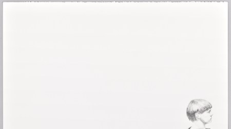 A spare drawing of a male figure seen fro the side.