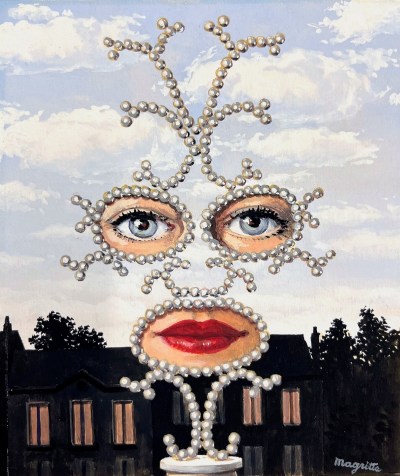 A woman's eyes and lips surrounded by pearls overlaid on a blue sky and a house shrouded in darkness.