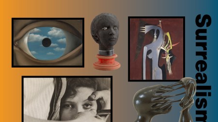 A collection of surrealist artwork on an orange and blue gradient background.