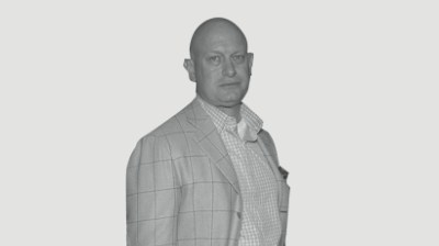 Black-and-white portrait of a middle-aged white man