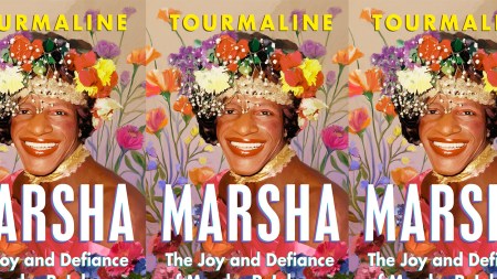 A book cover shows a picture of Marsha P. Johnson, a Black trans woman, smiling big with a crown of flowers and in a field of flowers.
