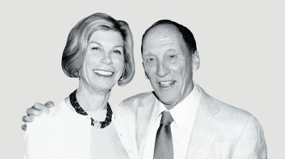 Black-and-white portrait of a middle-aged white woman and man