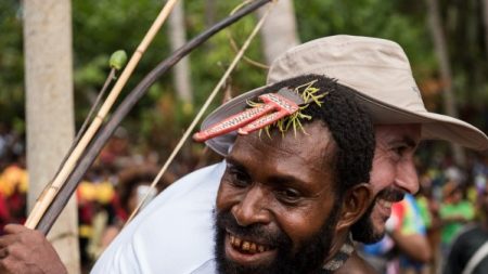 Nikolay Miklouho-Maclay Junior welcomed by local villagers in Papua New Guinea, 2017.