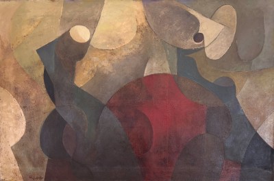 An abstract painting with various shapes in reds, blues, and more. 