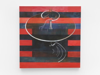 A painting with red and blue horizontal stripes overlaid with a evocation of a spinning machine.