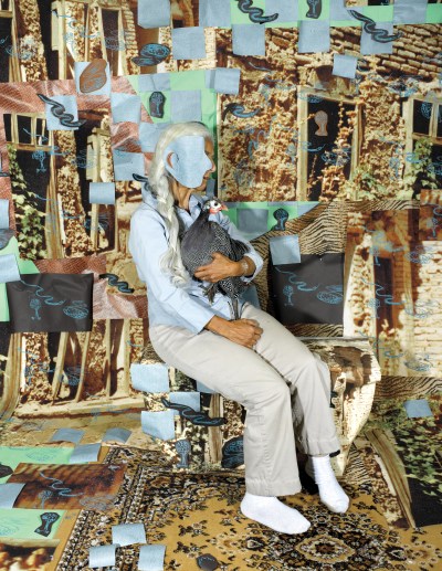 An olive skinned woman with long silver hair sits in a photo studio holding a pheasant. The walls are collaged with picturres of snakes and in a grid-like pattern. A flat blue mask eclipses her profile.