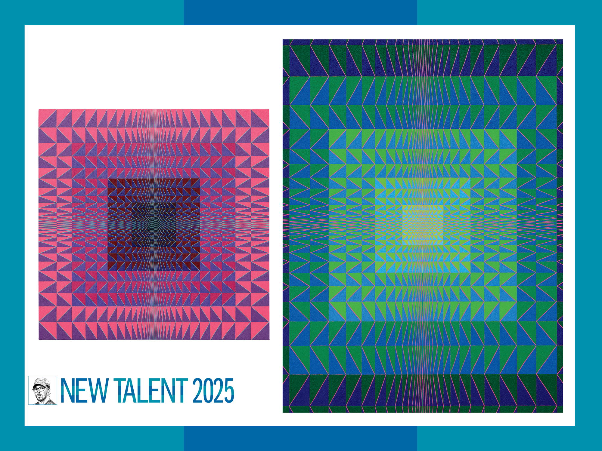 Two abstract paintings with zigzag patterns side by side, as well as a small illustrated portrait of the artist.