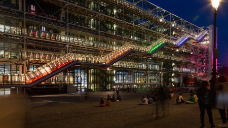 Exterior view of the Centre Pompidou at night.