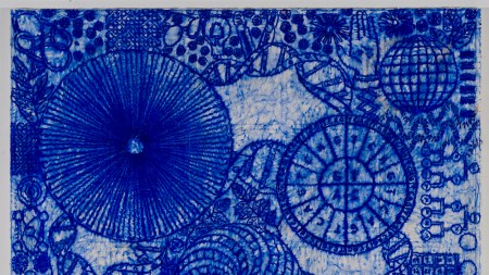 A horizontal painting depicts circular forms and strands of DNA in deep blue hues against a lighter blue background.