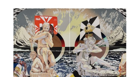 An abstract painting with two statue-like figures each eating limbs.