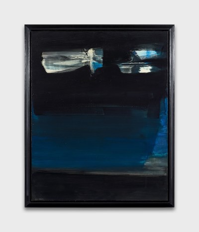 A black painting leavened by brushstrokes of deep blue at its center and white at its top.