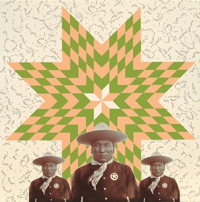 An old photograph of an Indigenous man with a badge against an abstract design and sketchings of constellations.