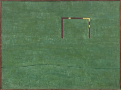 A painting that is mostly green with one line and what looks like a soccer goal frame in the background. 