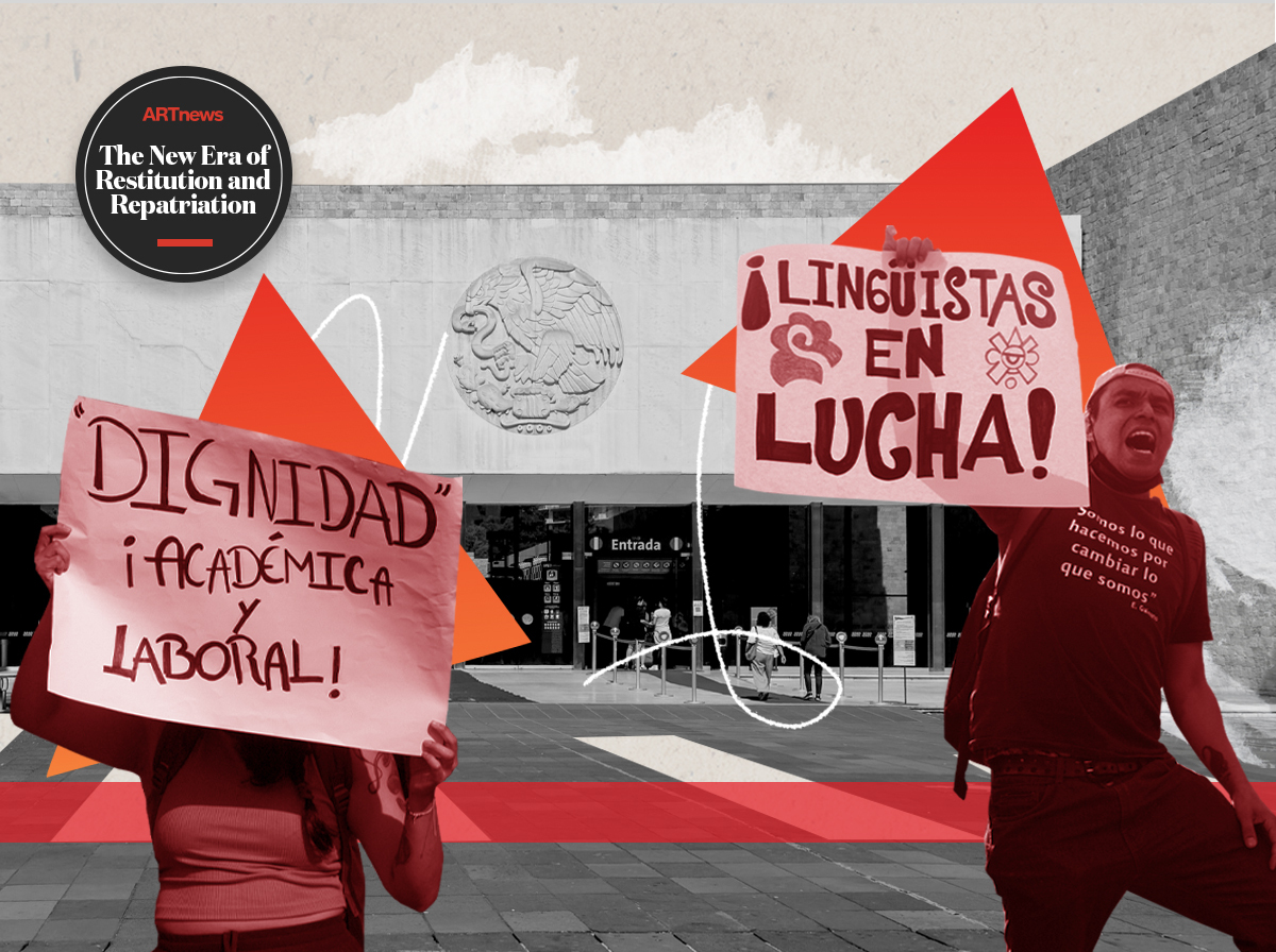 In front, protestors against budget cuts at Mexico's National Institute of Anthropology and History. In the background, the National Anthropology Museum in Mexico City.