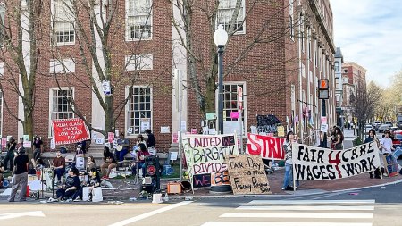 Outside a grand brick building with columns, a couple dozen people display protest signs. One reads, "Fair Wages 4 Care Work."
