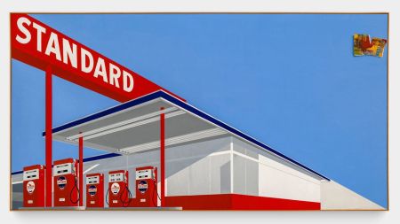Gas station illustration in red and blue.