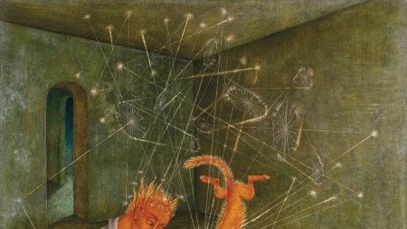 In a stylized painting, an orange person pets an orange cat. The person is wearing a collared nightgoown, and the cats buttocks lifts off a table into the air, where it is surrounded by constellations. A glass on the table has been tipped over, and the volume of water it has spilled feels river-like, as if it could not possibly have ever fit in the cup.