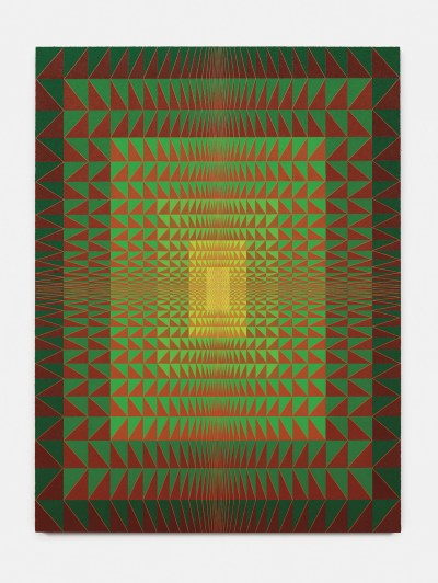 An abstract painting with interlocking pattern inspired in part by African textile design.