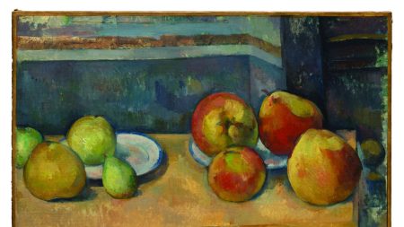 Stylized painting of green pears and red apples on and around two plates on a brown table.