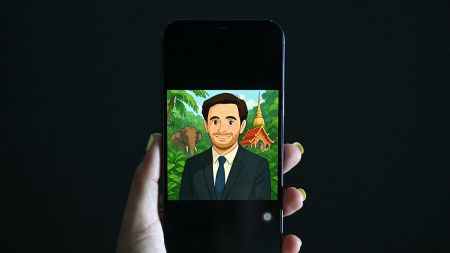 This photo illustration taken on April 2, 2025 shows a woman looking at a Facebook user profile displaying an image generated by artificial-intelligence (AI) in the style of Studio Ghibli animation on a mobile phone in Bangkok. Artificial intelligence risks taking Japanese anime artists' jobs but nothing can replicate Hayao Miyazaki, the creative lifeblood of the studio behind classics such as "Spirited Away", his son Goro Miyazaki told AFP. Thanks to ChatGPT's new image generator, the internet is awash with pictures imitating Studio Ghibli's whimsical style, raising fresh debate over potential copyright infringements. (Photo by Manan VATSYAYANA / AFP) / TO GO WITH Japan-Ghibli-culture-animation-film, INTERVIEW by Natsuko Fukue (Photo by MANAN VATSYAYANA/AFP via Getty Images)