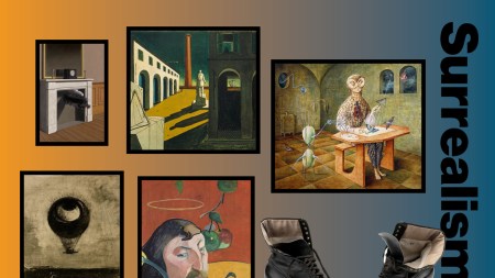 a grid of well-known Surrealism artworks on a orange to blue gradient background