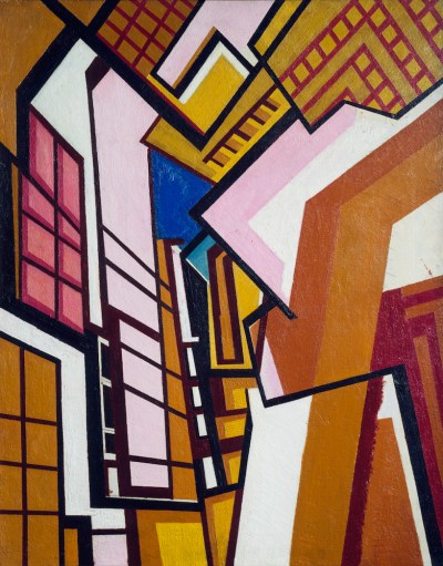 Wyndham Lewis, Workshop, c. 1914–15, oil on canvas, 30 1/8 x 24 inches.