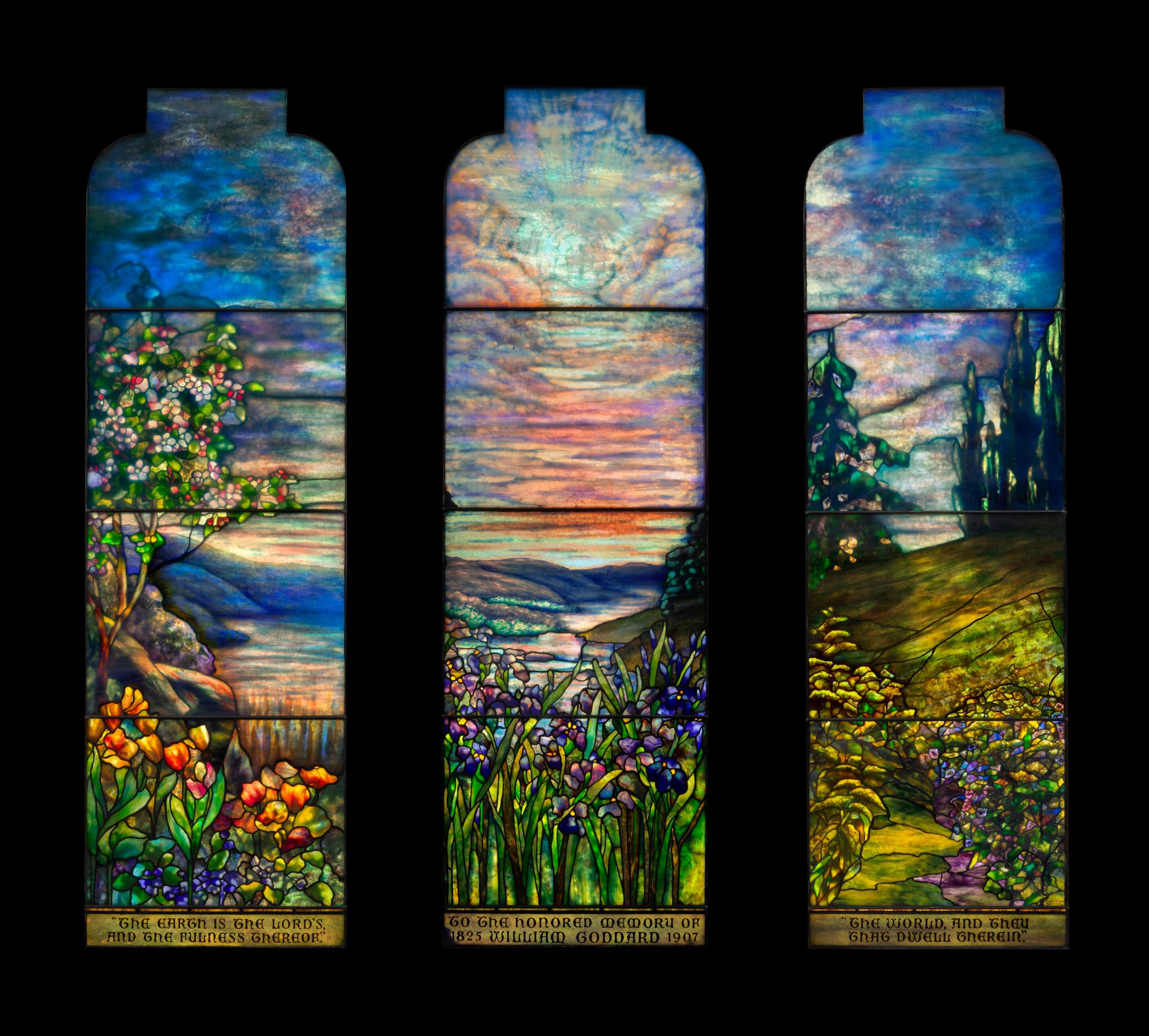 An image of the three-pane stained glass window The Goddard Memorial Window by Tiffany Studios which recently sold at a Christie's design auction on June 12, 2025.