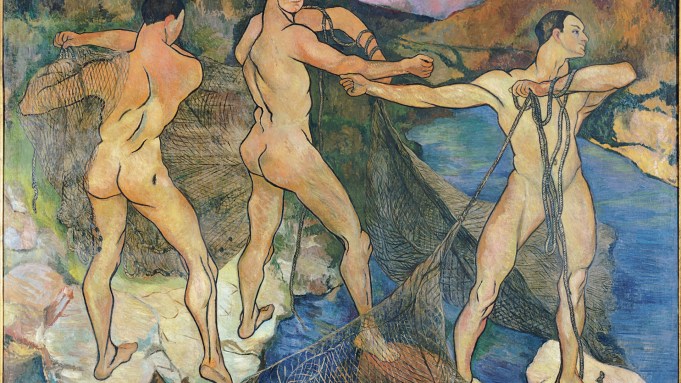 Three nude male figures handling a fishing net to be cast into the waters.