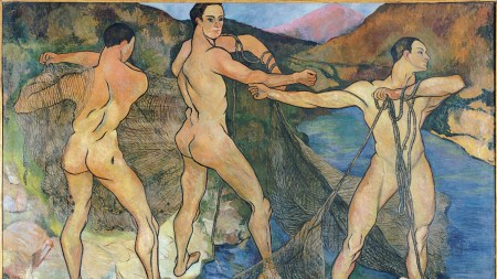 Three nude male figures handling a fishing net to be cast into the waters.