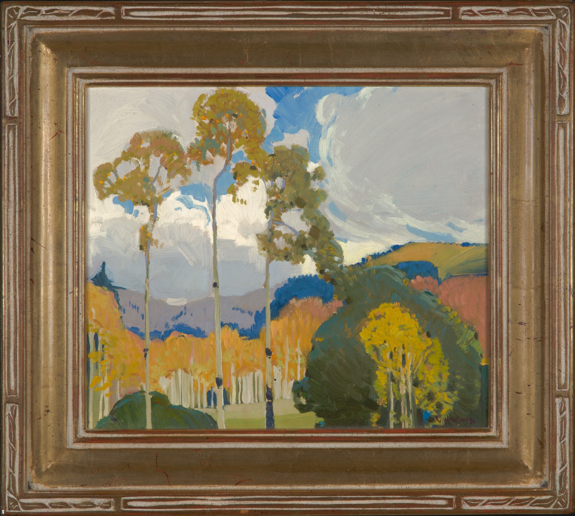 Victor Higgins, Aspens, c. 1932, oil on canvas, 12 x 14 in. Collection of Harwood Museum of Art.