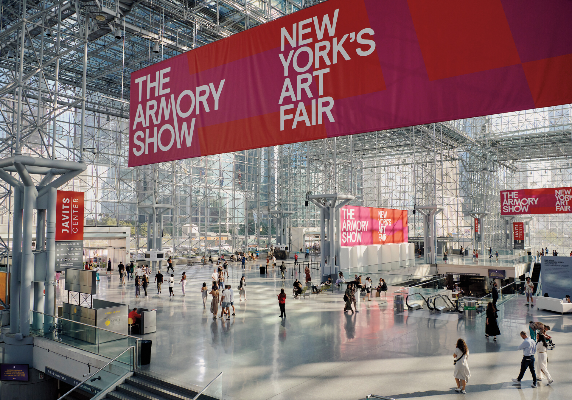 View of Javits convention center in New York with signage reading 'The Armory Show: New York's Art Fair.'