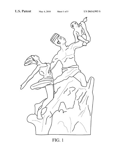 A drawing of a monument with a man, woman, and child pointing up to the sky