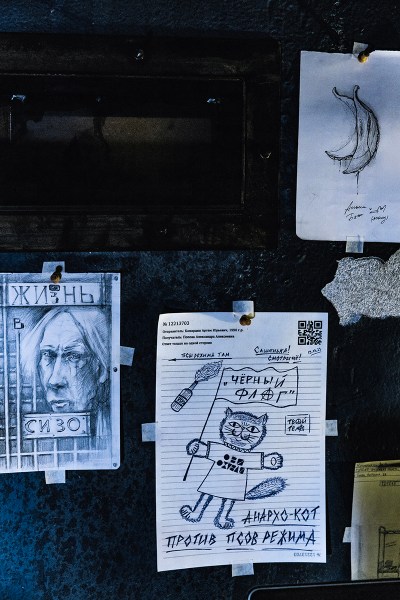 Artworks by political prisoners in Nadya Tolokonnikova's 2025 performance installation Police State, at the Geffen Contemporary at MOCA.