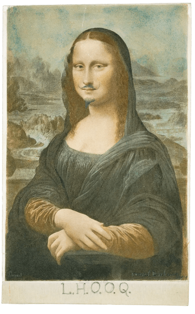A postcard of the Mona Lisa with a mustache and goatee drawn onto her.