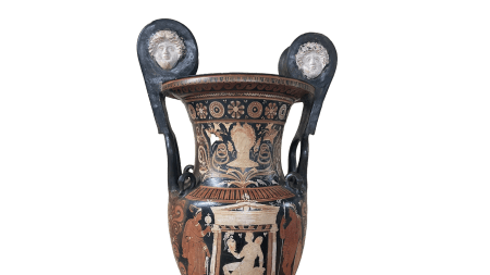 Apulian Volute Krater: Dating to 320-310 B.C.E., this Red-figure terracotta vase originates from the Greek colony of Apulia in Southern Italy and depicts a male figure holding a helmet, the signature of the vase’s creator, the Helmet Painter. Edoardo Almagià allegedly trafficked the Krater into New York and sold it to the Manhattan-based gallery Antiquarium Ancient Arts prior to 1987. The Krater was recovered by the ATU from a private collection in 2024.