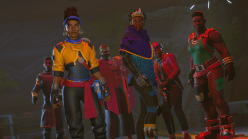 Several Black characters dressed in futuristic clothes look at the camera in a video game screenshot.