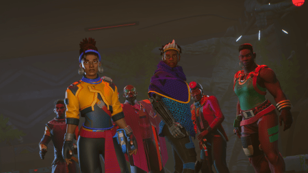 Several Black characters dressed in futuristic clothes look at the camera in a video game screenshot.