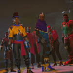 Several Black characters dressed in futuristic clothes look at the camera in a video game screenshot.