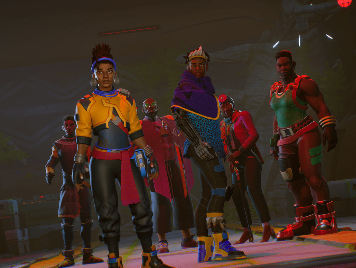 Several Black characters dressed in futuristic clothes look at the camera in a video game screenshot.