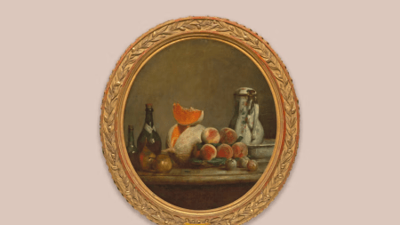 An oval still life painting showing fruit.