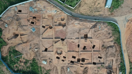 An aerial view of 75 ancient tombs that were unearthed in 2024.